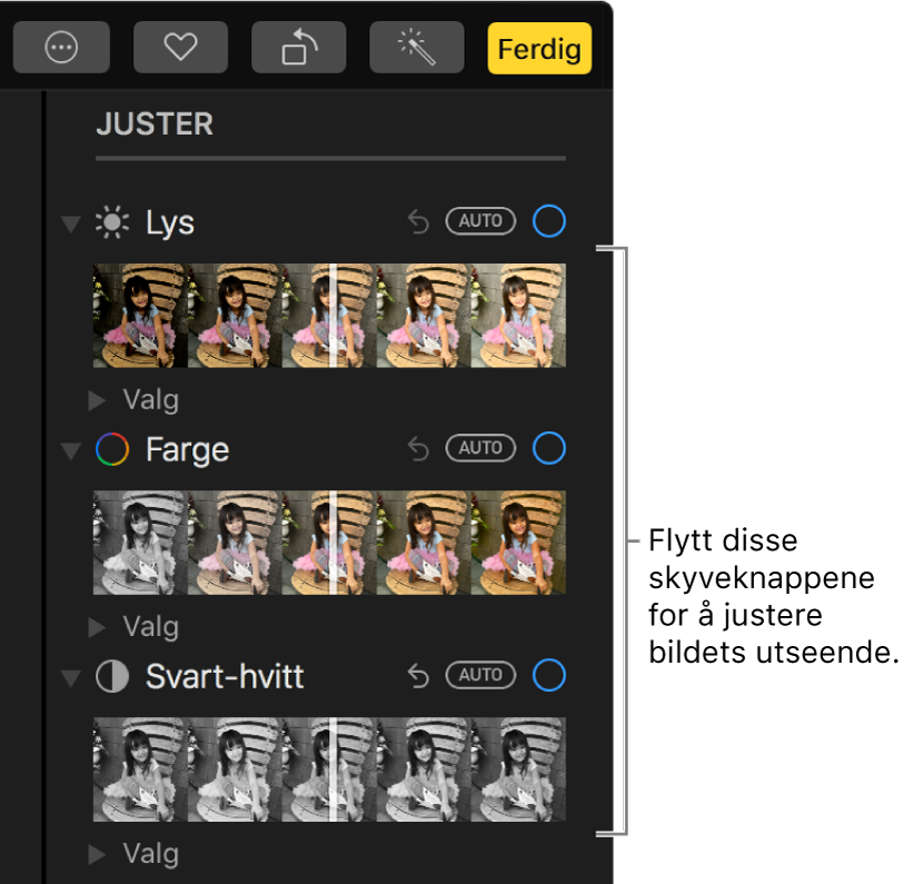 Lys-, Farge- og Svart-hvitt-skyveknappene i Juster-panelet. En Auto-knapp vises over hver skyveknapp.