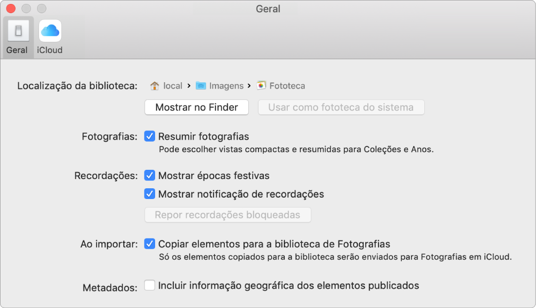 O painel Geral das preferências de Fotografias.