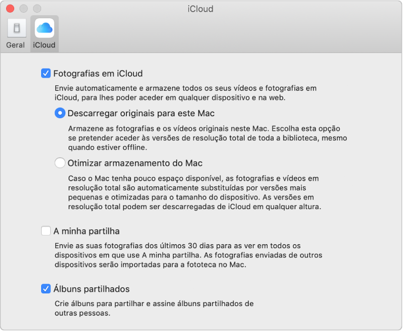 O painel iCloud das preferências de Fotografias.