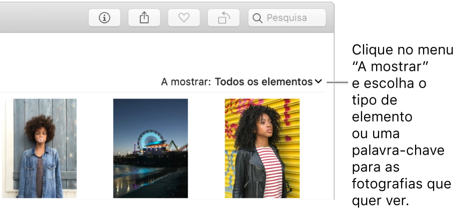 O menu pop-up “A mostrar” definido para mostrar todos os elementos.