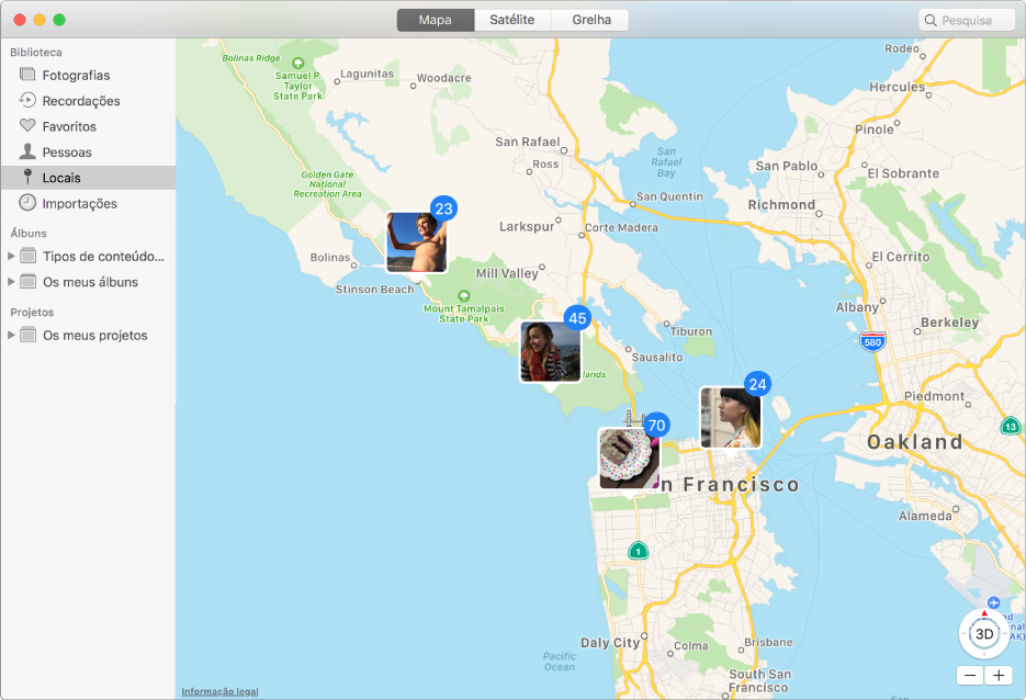 Janela de Fotografias que mostra um mapa com miniaturas de fotografias agrupadas segundo a localização.