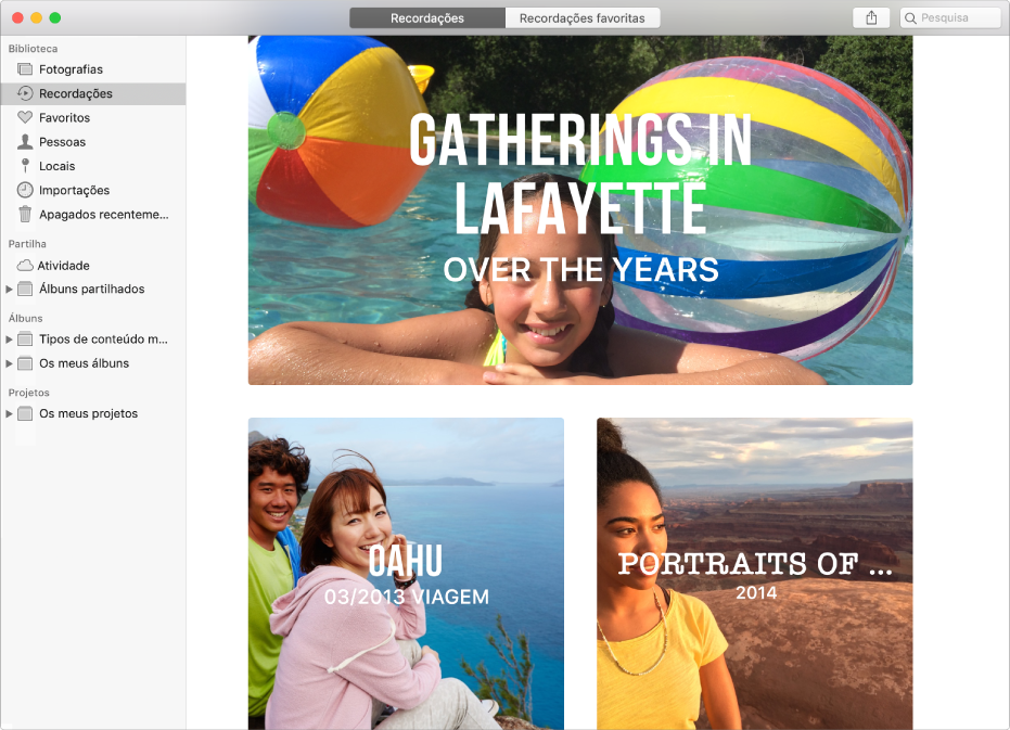 A janela de Fotografias a mostrar a opção Recordações selecionada na barra lateral e várias recordações a serem apresentadas na janela.