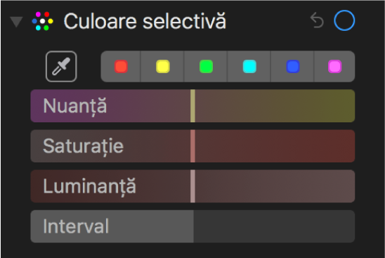 Comenzile Culoare selectivă afișând glisoarele Nuanță, Saturație, Luminanță și Interval.