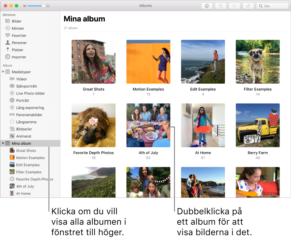 Bilder-fönster med Mina album markerat i sidofältet. De album du har skapat visas i fönstret till höger.