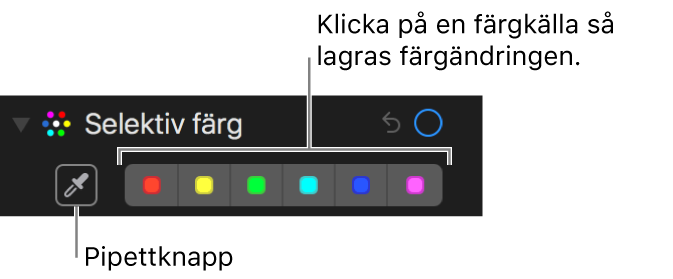 Reglaget för selektiv färg med pipettknappen och färgkällor.