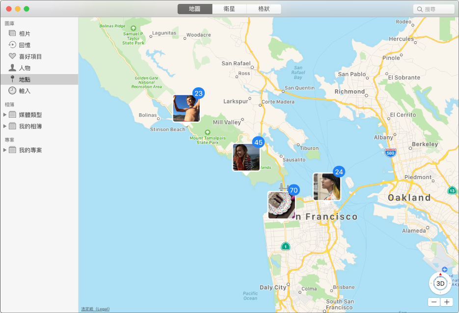 「相片」視窗，其中顯示地圖與按地點群組的相片縮圖。