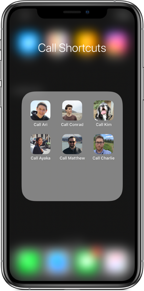 Call shortcuts in Home screen folder showing images of contacts.