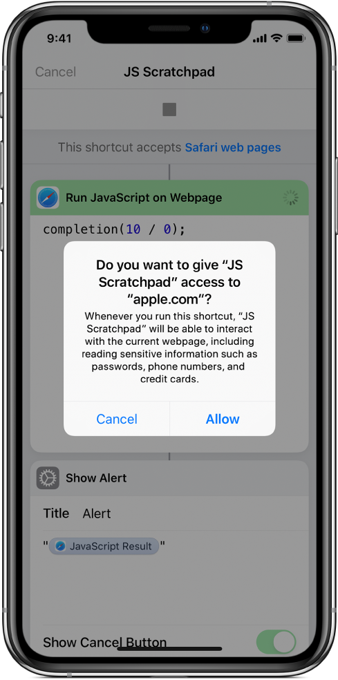 The shortcut editor showing a prompt to allow the shortcut to run on a specific domain.