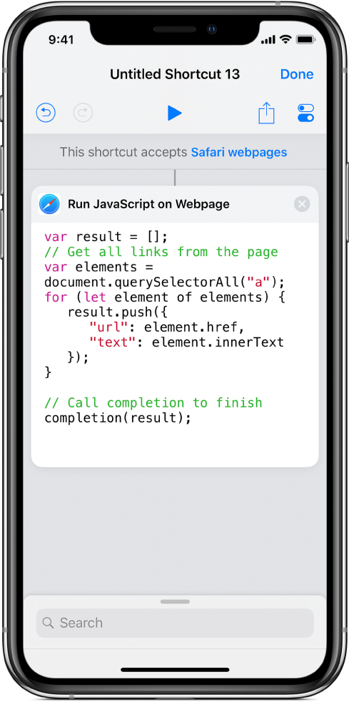 The Run JavaScript on Webpage action in the shortcut editor.