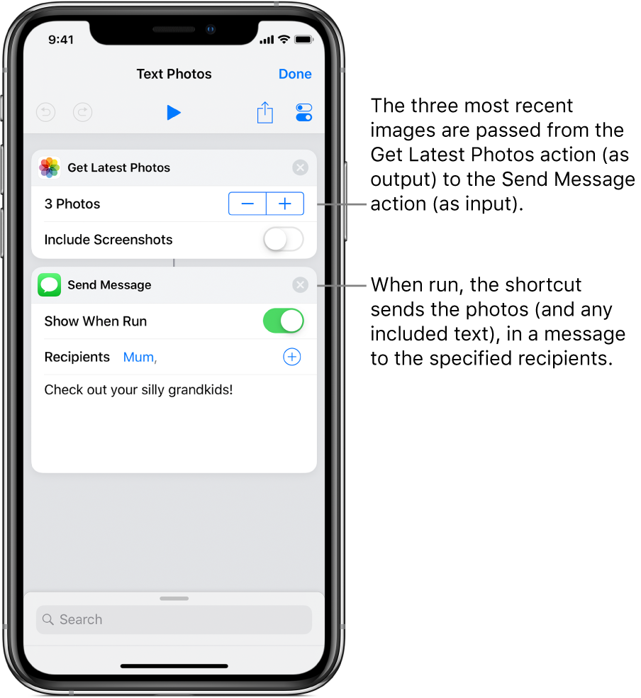 Shortcut containing a Get Latest Photos action and a Send Message action.