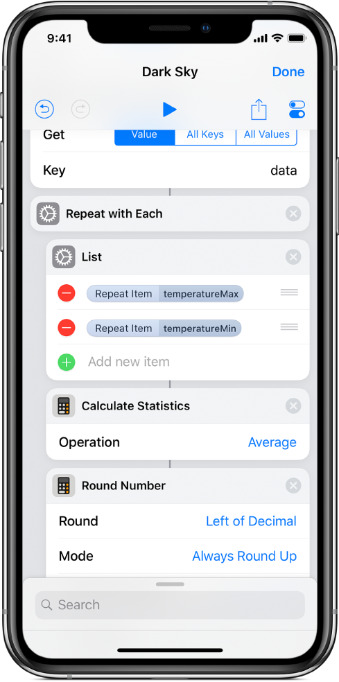 Calculate Statistics action and Round Number action in the shortcut editor.