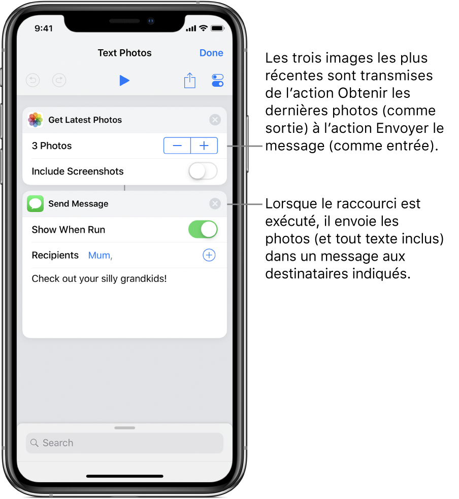 Un raccourci contenant l’action « Obtenir les dernières photos » et l’action « Envoyer le message ».