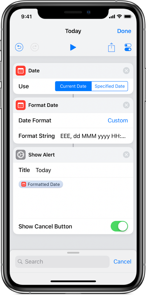 Action Formater la date avec format de chaîne personnalisé dans l’éditeur de raccourci.