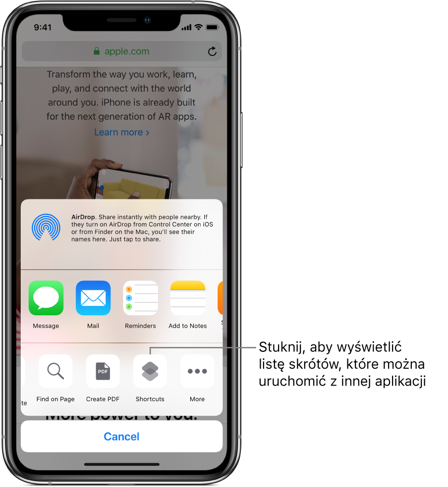 Przycisk Skróty w arkuszu udostępniania w aplikacji Safari.
