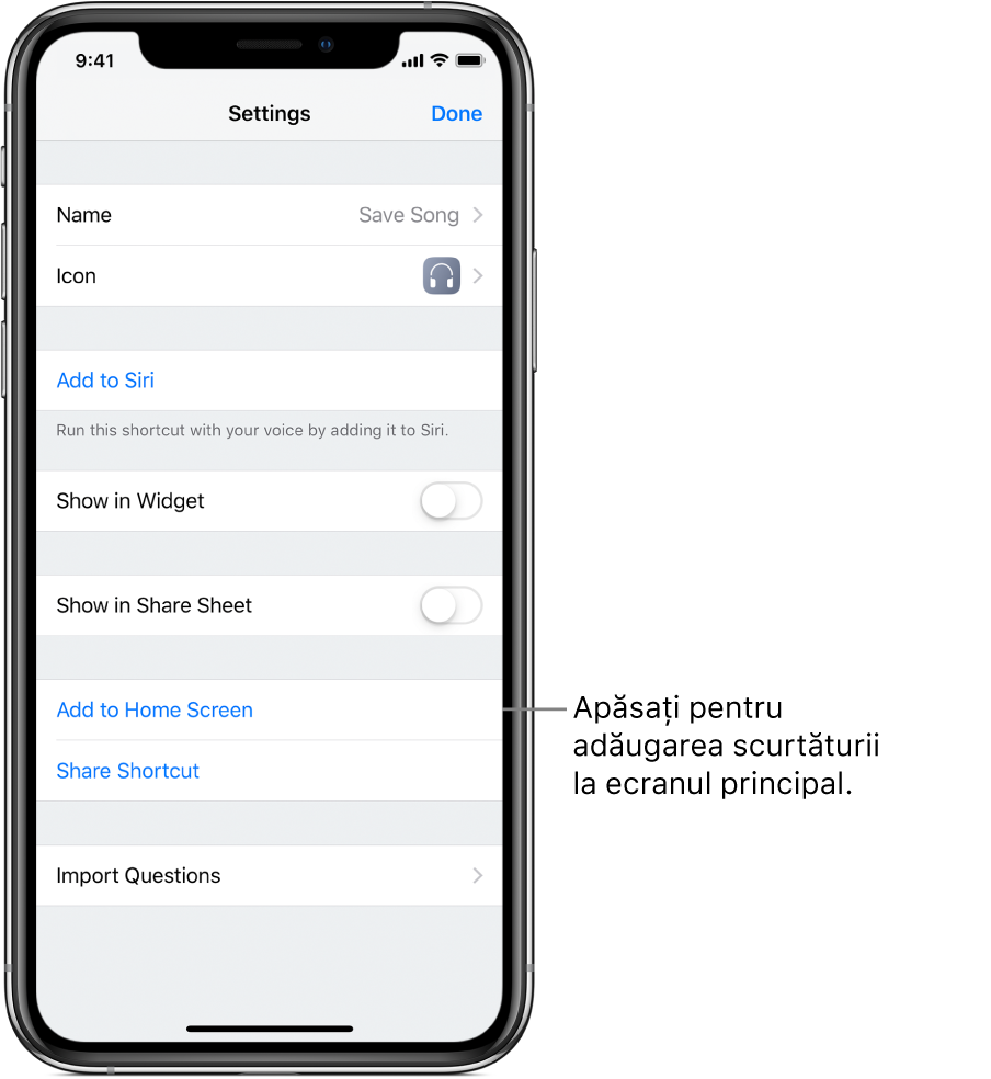 Ecranul Configurări în aplicația Scurtături afișând “Adăugați la ecranul principal”.