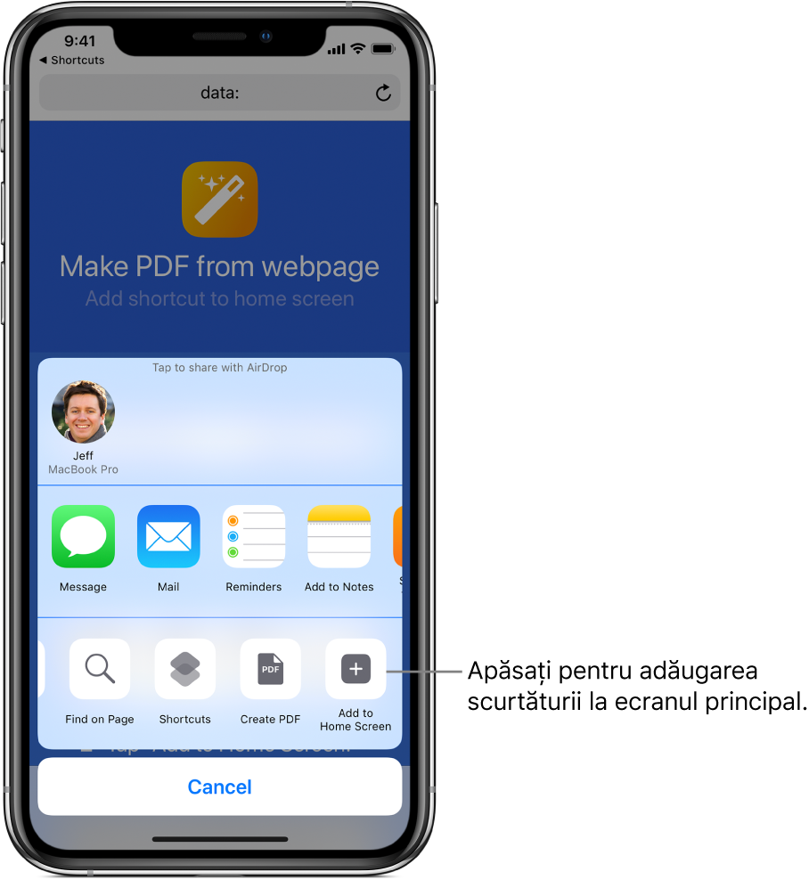 Butonul “Adăugați la ecranul principal” afișat în Safari.