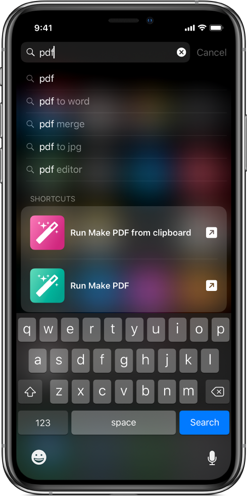 Vyhľadávanie kľúčového slova „pdf“ v systéme iOS a výsledok vyhľadávania: Skratka „Spustiť vytvorenie PDF zo schránky” a skratka „Spustiť vytvorenie PDF”.
