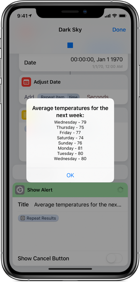 Notis som visar veckans medeltemperaturer i genvägsredigeraren.