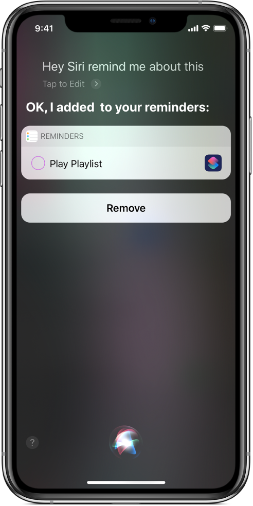 Siri-skärm som visar att en genväg har lagts till bland dina påminnelser.