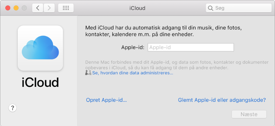 Vinduet iCloud, klar til indtastning af et navn og en adgangskode til Apple-id