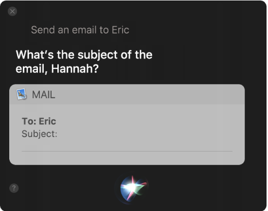 The Siri window showing an email message being dictated.