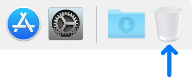 A blue arrow pointing to the Trash icon in the Dock.