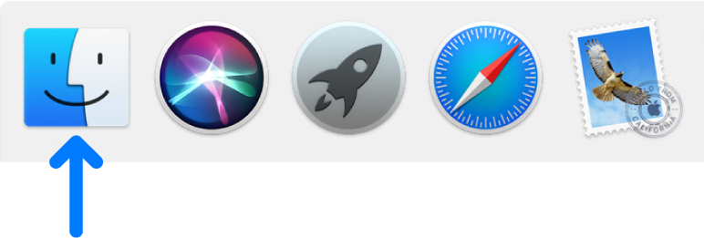 Una flecha azul que apunta al icono del Finder en el lado izquierdo del Dock.