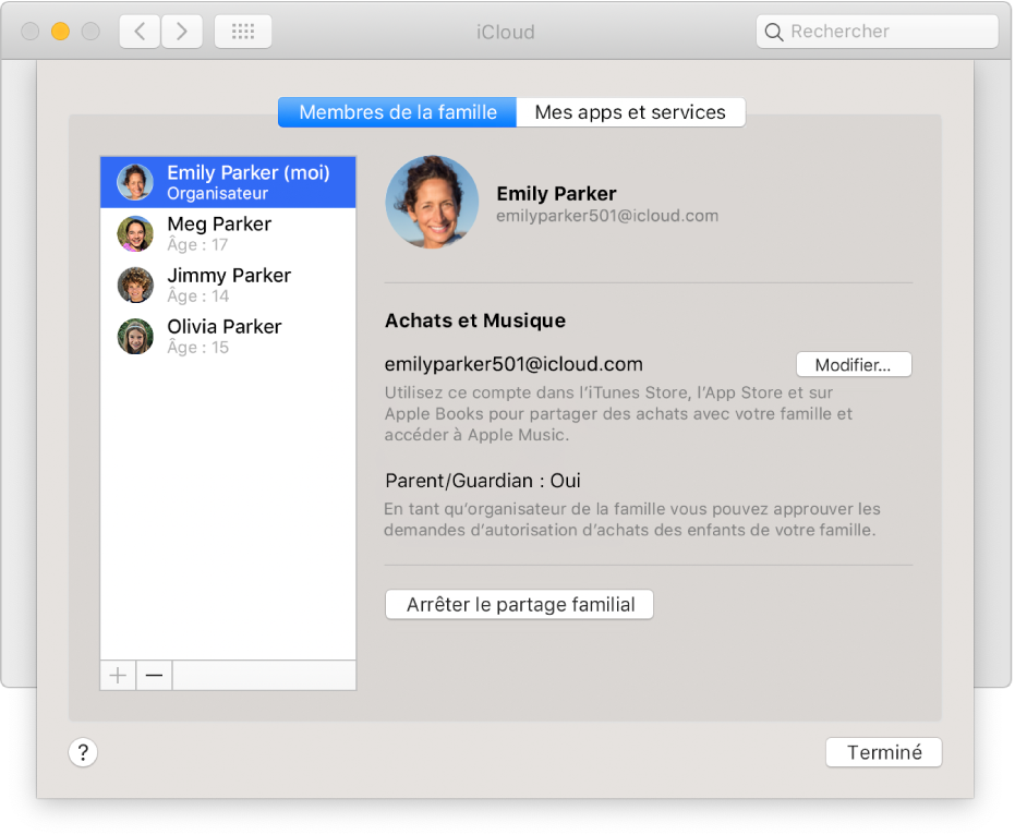 La sous-fenêtre Membres de la famille dans les préférences iCloud.