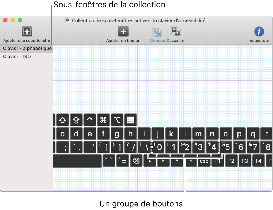 Une partie d’une fenêtre de collections de sous-fenêtres montrant une liste de sous-fenêtres de clavier à gauche, et à droite les boutons et les groupes contenus dans une sous-fenêtre.