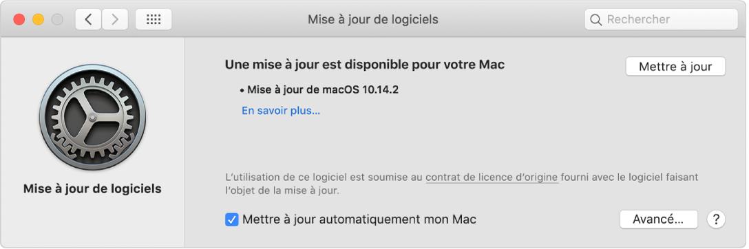 Les préférences Mises à jour de logiciels indiquant qu’une mise à jour est disponible.