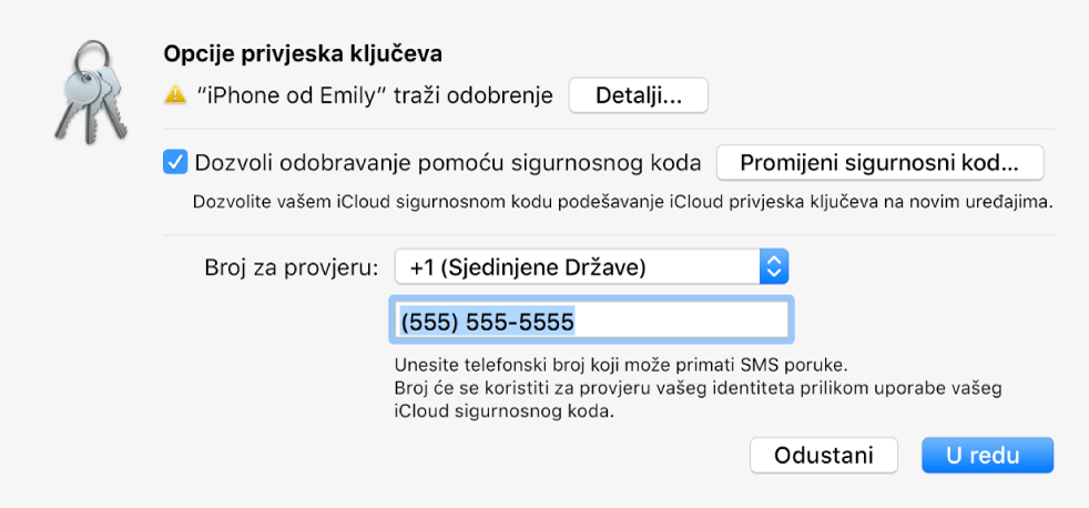 Dijaloški okvir Opcije iCloud privjeska ključeva s nazivom uređaja koji traži odobrenje i tipka Detalji pokraj njega.