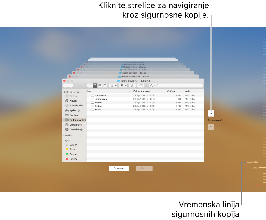 Kada otvorite aplikaciju Time Machine, vidjet ćete zamagljeni zaslon s višestrukim Finder zaslonima naslaganima kao sigurnosne kopije. Kliknite na strelice radi navigacije kroz svoje sigurnosne kopije (ili kliknite na vremensku skalu sigurnosnih kopija na desnoj strani) i odaberite koje datoteke želite obnoviti.