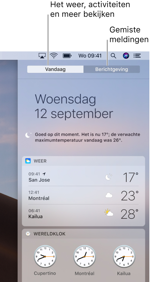 De weergave 'Vandaag' met het weer op drie locaties. Klik op de tab 'Berichtgeving' om gemiste meldingen te lezen.