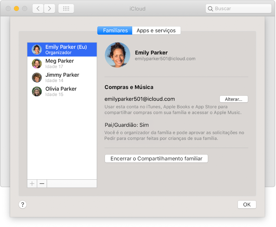 O painel Familiares na preferência iCloud.