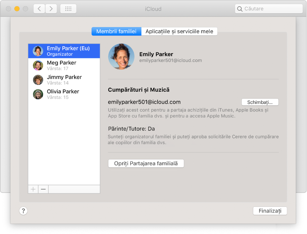 Panoul Membrii familiei din preferințele iCloud.