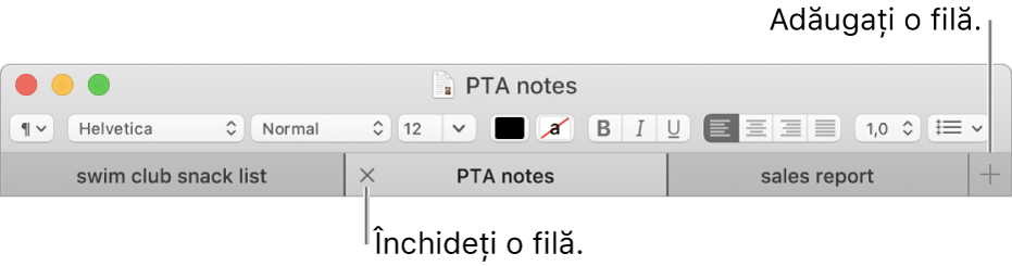 O fereastră TextEdit cu trei file în bara de file, situată sub bara de formatare. O filă afișează butonul Închide. Butonul Adaugă este situat la capătul din dreapta al barei de file.