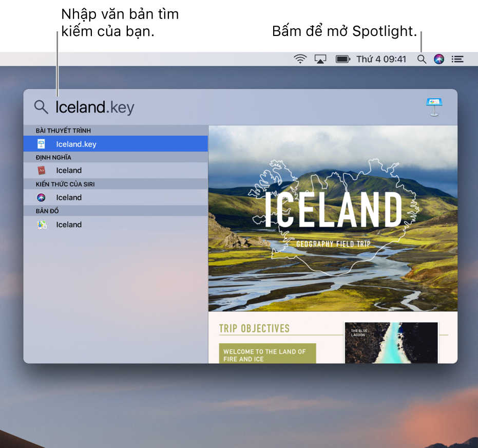 Menu Spotlight đang hiển thị một tìm kiếm mẫu với các kết quả tìm kiếm.