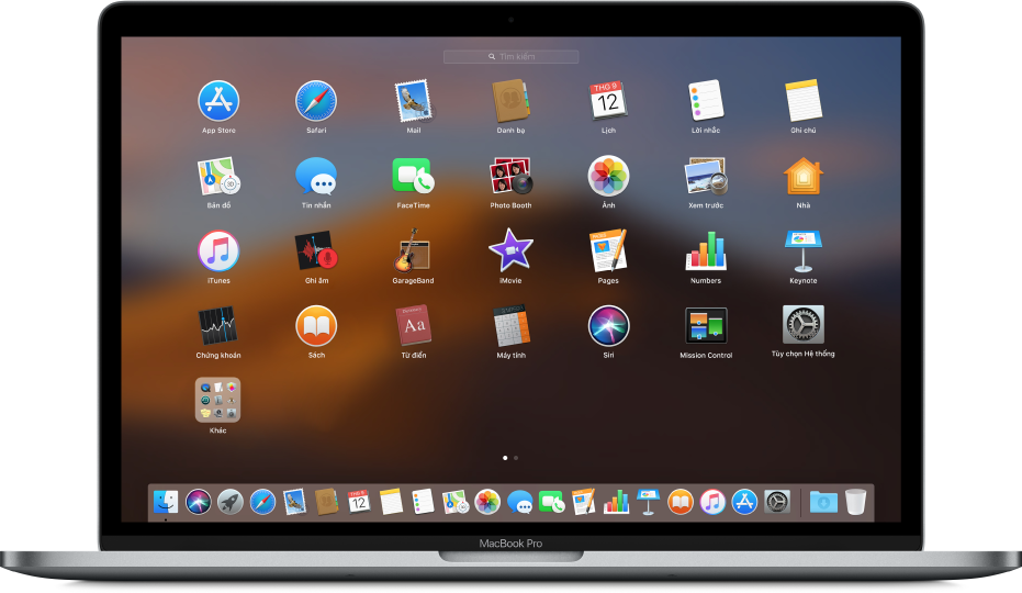 Launchpad đang hiển thị các biểu tượng ứng dụng theo mẫu lưới dọc màn hình.