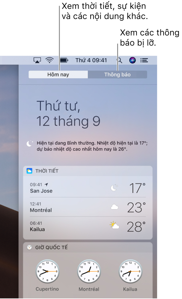 Chế độ xem Hôm nay đang hiển thị thời tiết tại ba vị trí. Bấm vào tab Thông báo để xem các thông báo bị lỡ.