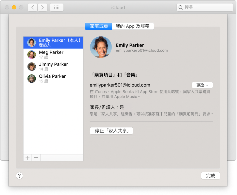 iCloud 偏好設定中的「家庭成員」面板。