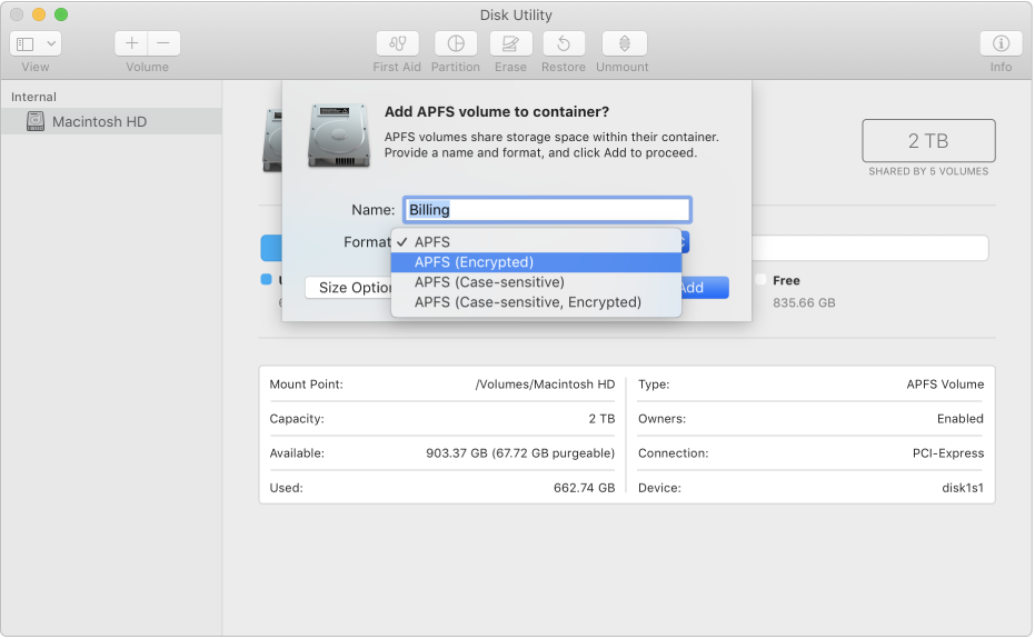 The APFS (Encrypted) option in the Format menu.