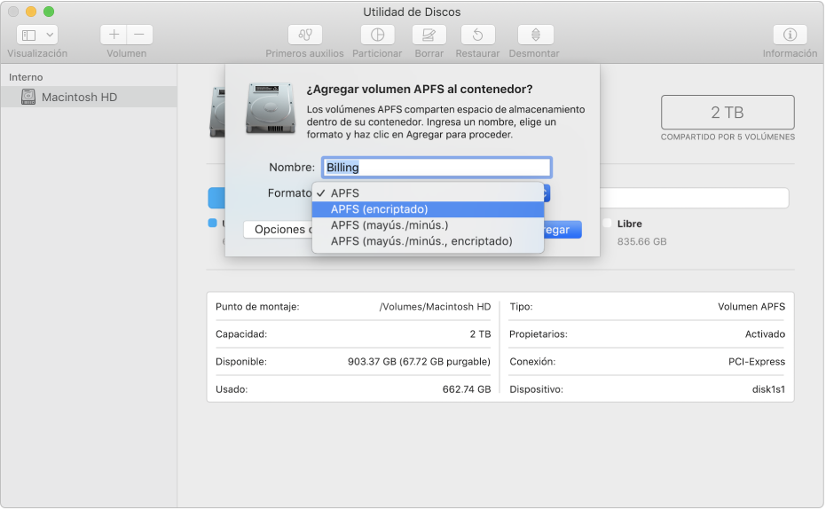 La opción APFS (encriptado) en el menú Formato.