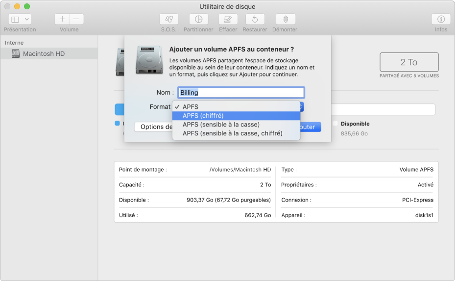 L’option APFS (chiffré) dans le menu Format.