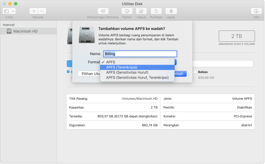 Pilihan APFS (Terenkripsi) di menu Format.