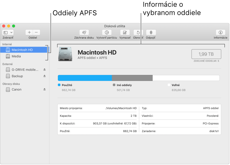 Označený oddiel APFS v postrannom paneli so zobrazenými informáciami o oddieli.