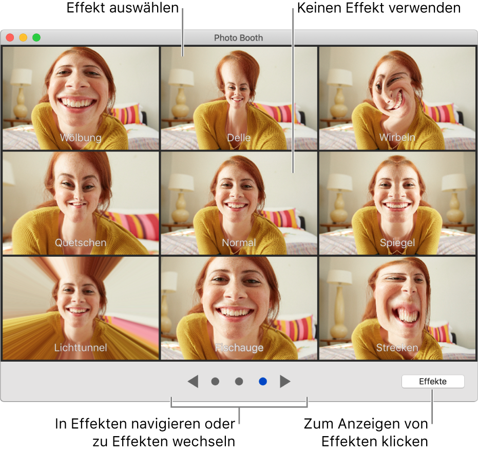 Das Photo Booth-Fenster zeigt eine Seite mit Effekten wie „Spiegeln“ sowie Tasten zum Suchen unten in der Mitte des Fensters. Die Taste „Effekte“ wird unten rechts im Fenster angezeigt.