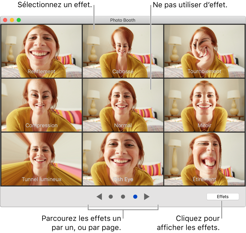 La fenêtre Photo Booth affichant une page d’effets tels que Miroir ainsi que les boutons de navigation en bas au centre de la fenêtre. Le bouton Effets figure en bas à droite de la fenêtre.