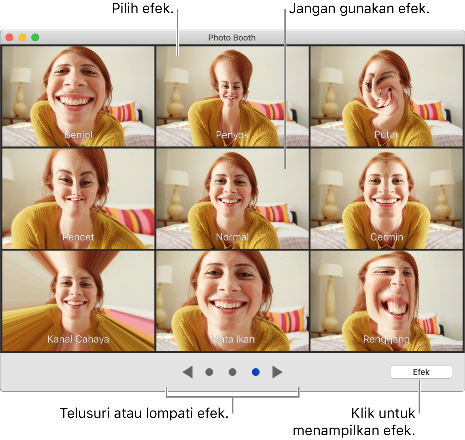 Jendela Photo Booth menampilkan halaman efek seperti Cermin dan tombol telusuri di tengah bawah jendela. Tombol Efek muncul di kanan bawah jendela.