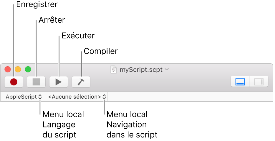 Barre d’outils d’Éditeur de script affichant les commandes d’enregistrement, d’arrêt, d’exécution, de compilation, de langage de script et de navigation dans le script.