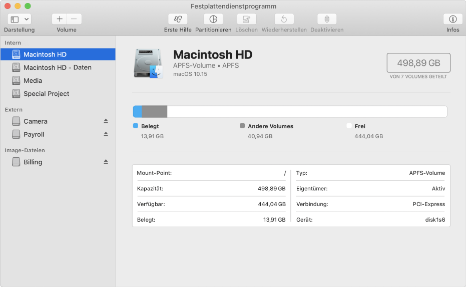 Vier Volumes eines APFS-Containers in der Seitenleiste des Festplattendienstprogramms.